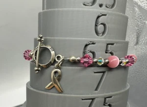 925 Sterling Silber Charm an rosa Perlenarmband - Brustkrebsbewusstsein - Bild 1 von 4
