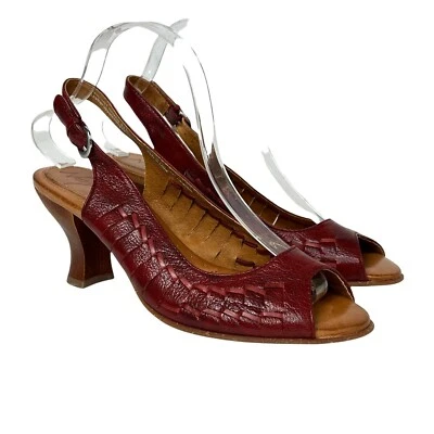 Naya Fandanga Red Leather Peep Toe Sling Back Buckle Bamboo Block Heel Pumps 8.5 - Image 1 of 4