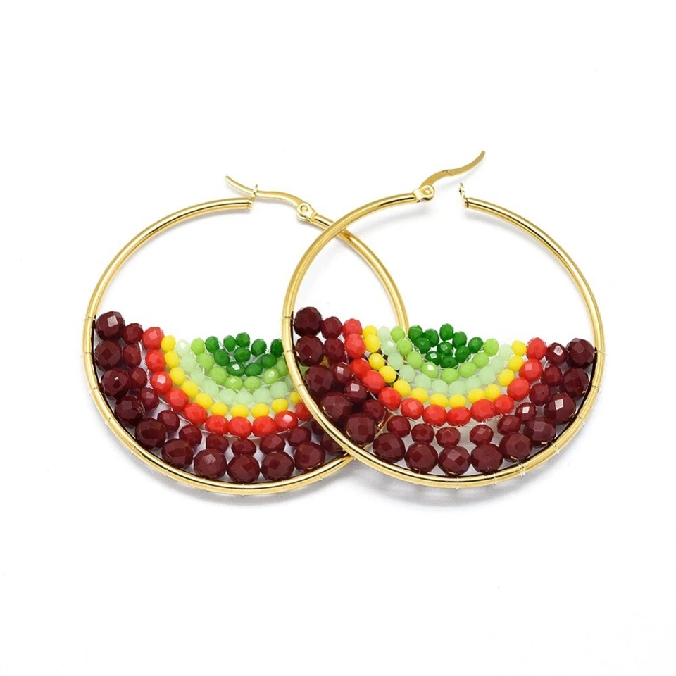 Stainless Steel Hoop Earrings Glass Beads Black Gold Blue Green 56x54x56mm P347 Foto 1 de 1