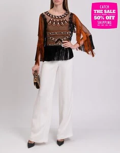 RRP€750 ALBERTA FERRETTI Tulle Top IT38 US2 UK6 XS Fringe Beaded Made in Italy - Imagen 1 de 8