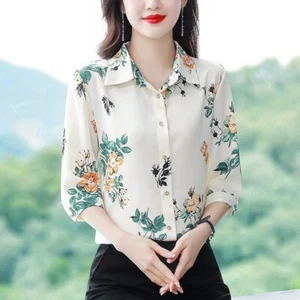Women 3/4 Sleeve Button Down Shirt Business Work Career Print Office Blouse Tops - Picture 1 of 7