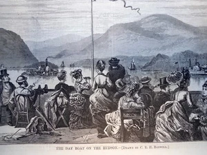Antique Art print 1873 Day Boat on the Hudson by C E H Bonwill Victorian fashion - Picture 1 of 2