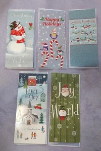 5 cartoline e buste lunghe NATALE in rilievo 8,5" x 3" simpatiche caramelle pupazzo di neve chiesa - Foto 1 di 3