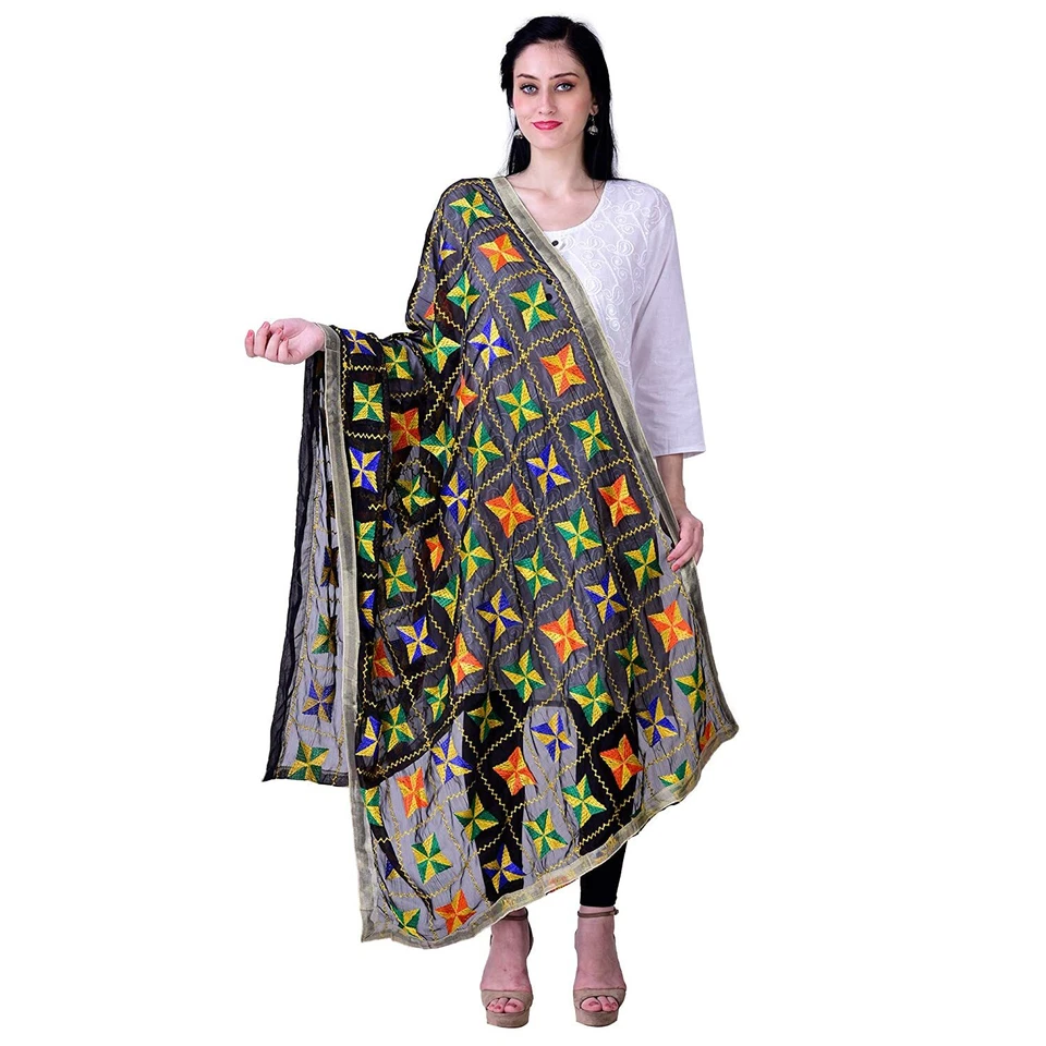 Mujeres Phulkari Gasa Dupatta Estola Bordado Bufanda India Ropa de Fiesta Foto 1 de 1