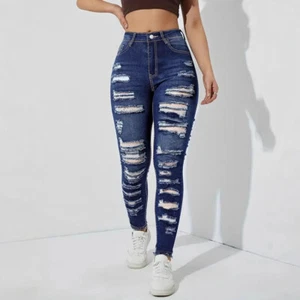 Ripped Burr Edge High Stretch Women's Denim Leggings 100% Cotton in Blue - Picture 1 of 12