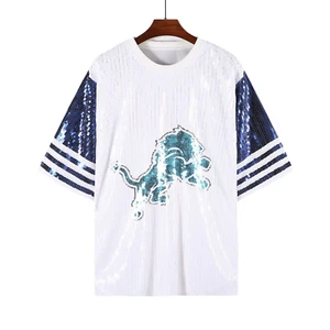 Detroit Lions neue modische Pailletten Damen Kurzarm Tops einfache Rundhals Fema - Bild 1 von 13
