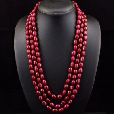Royal 870 Cts Earth Mined 3 Strand Red Ruby Oval Shape Beads Necklace JK 01E269 - Image 1 of 3