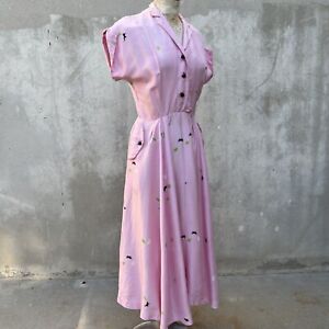 Vintage 1940s Pink Silk Amoeba Germ Print Dress Maxi Hip Pockets 1950s