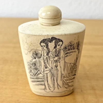Vintage Etched Glossy Bovine Bone Asian Chinese Figural Women Snuff Bottle - Image 1 of 4