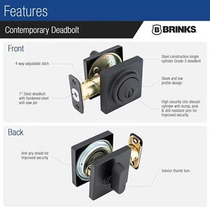 Brinks Contemporary Single Cylinder Deadbolt Matte Black ANSI Grade 3 Lock E2402 - Picture 1 of 7