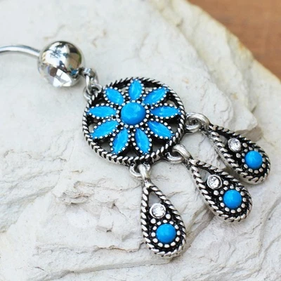 316L Stainless Steel Antique Turquoise Teardrop Navel Ring - Image 1 of 3