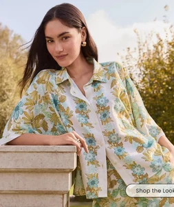 LOFT Damen Elfenbein/Aqua/Ocker Multi Blumen Oversize Leinen Bl. Hemd mit Knopfleiste L - Bild 1 von 5
