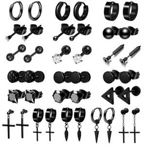 Black Earrings Stud CZ Ball Cross Hoop Punk Gothic Men Women Earring Piercing - Picture 1 of 27