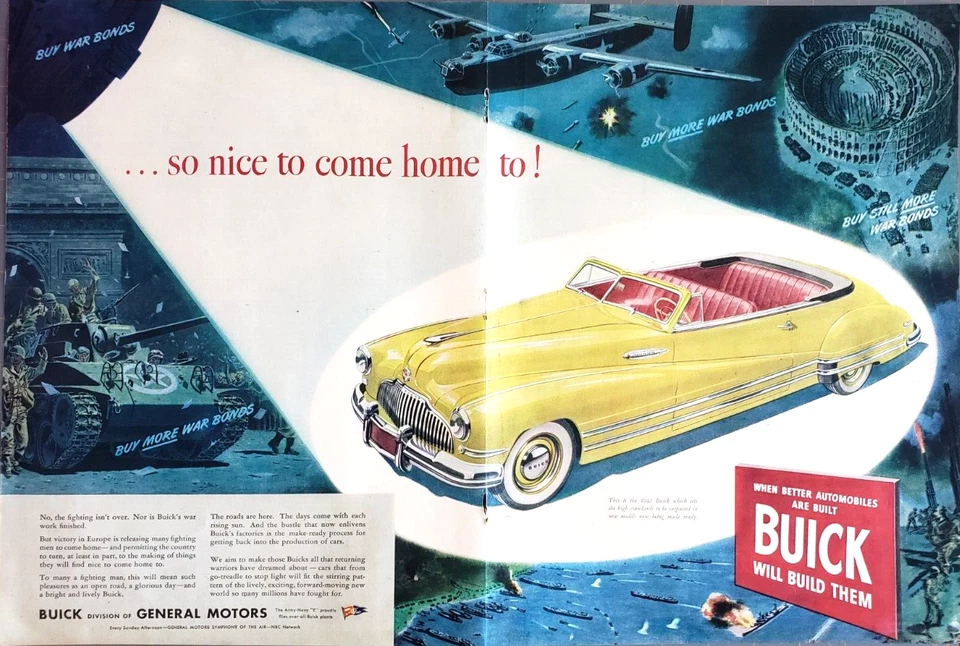 PRINT AD 1942 Buick 1945 WWII Bomber Tank Troops Buy War Bonds Colosseum 2pg - Image 1 of 1