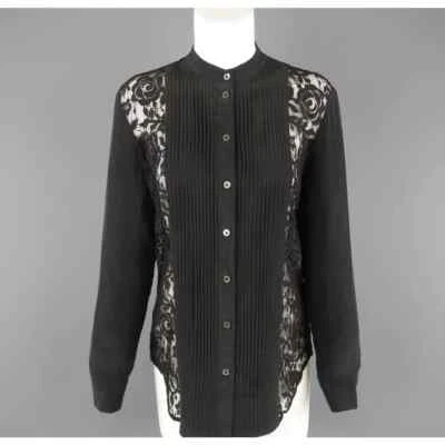 Equipment Femme Black Silk and Lace Pleated Bib Band Collar Blouse S - Image 1 of 4
