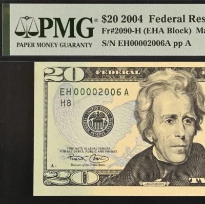 2004 $20 Federal Reserve Note PMG 64 - Fancy Birthday Serial Number 00002006 - Image 1 of 3