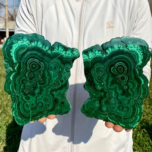 4.18LB A Pair Natural Green Malachite Slab Quartz Crystal Slice Ore Specimen - Picture 1 of 12