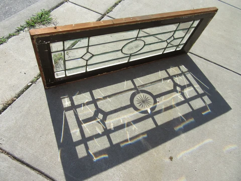 ~ ANTIQUE BEVELED ETCHED STAINED GLASS TRANSOM WINDOW 1 OF 2~ 45 x 17 ~ SALVAGE Cover
