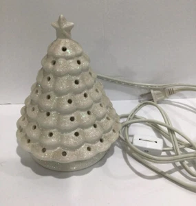 Retro Holiday Candle Wax Warmer Burner White W/ Glitter Ceramic Christmas Tree - Picture 1 of 10