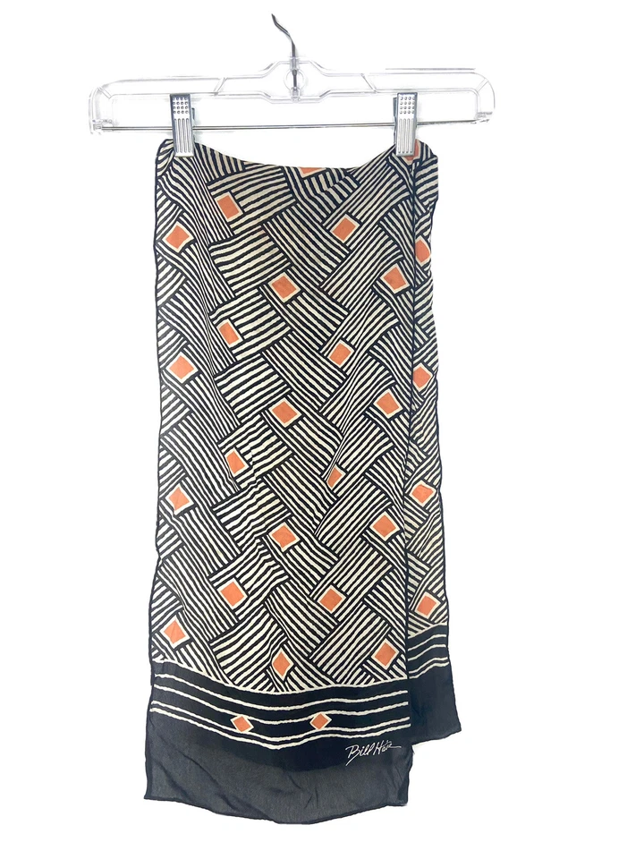 "Bufanda de seda geométrica de colección Bill Haire marrón beige negro 10"x 46""" Foto 1 de 3