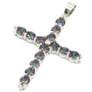 Deluxe Long Cross Shape Fire Rainbow Mystic Topaz Gift For Girls Silver Pendant - Bild 1 von 2