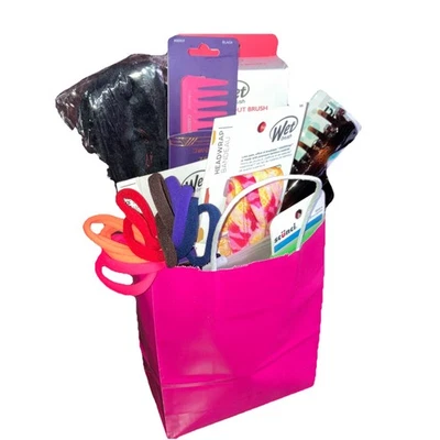 Holiday Party Gift Bag Basket Curly Hair Scunci Headwrap Wet Brush Tie Dye Women - Image 1 of 4