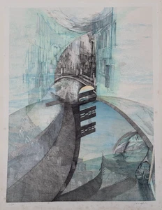 ANTON KRAJNC SIGNIERTE LITHOGRAPHIE MONDLICHT VENEDIG ITALIEN SURREAL ABSTRAKT GONDOLA - Bild 1 von 16