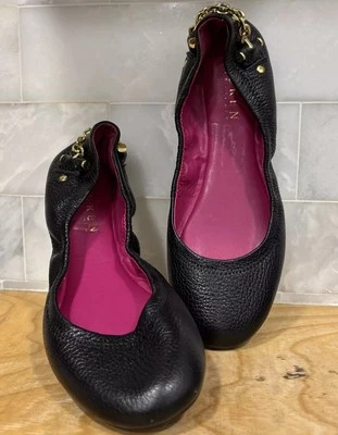 Ralph Lauren Barb Black Leather & Gold Chain Stretch Ballet Flat Shoes Size 6B - Image 1 of 4
