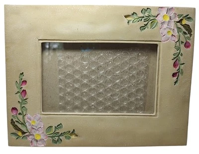 Burnes Picture Frame Tan Ceramic Impressed Pink Flowers Green Leaves 1998 Boston - Image 1 of 4