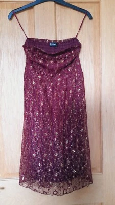 'Club L' Burgundy and Gold Lace Sleeveless Mini Dress Size 8 - Image 1 of 4