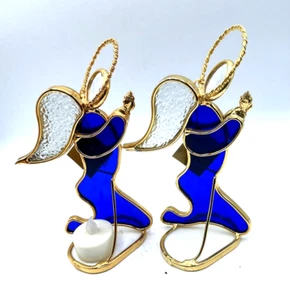 Glass Angel Votive Holders Praying Hands. Blue & White stand Pair (2) - Imagen 1 de 8