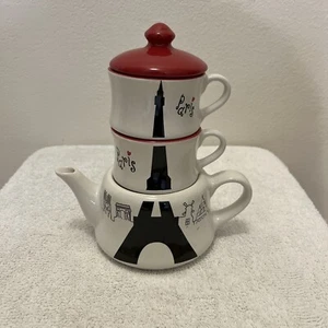 Nem Tours France Decore-Main Small Ceramic Tea Set for 2, Paris Souvenir - Picture 1 of 6