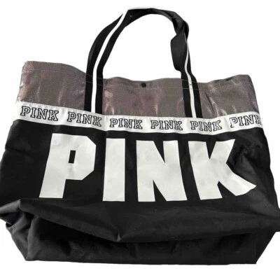 Y2K Victoria’s Secret PINK Large Tote Bag Black Silver Metallic Beach Travel Gym - Image 1 of 4