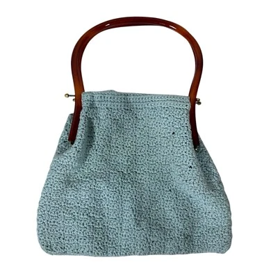 Vintage Baby Blue Crochet Hand Bag Purse Hinged Tortoise Lucite Handles - Image 1 of 4