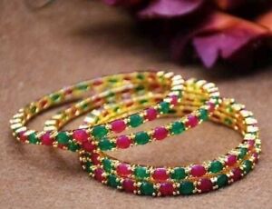 Indian Jewelry Color CZ AD Gold Plated Bracelet Wedding Kada Bangles Sets 4 Pc.