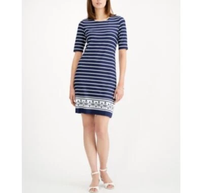 Karen Scott Womens Small Intrepid Blue Combo Striped Elbow Sleeve Dress NWT BH36 - Image 1 of 4