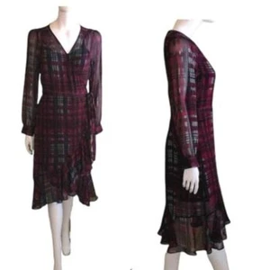 Nanette Lepore Chiffon Rüschen Wickelkleid Gr. 6 Burghandy kariert mit Camisole Glam - Bild 1 von 9