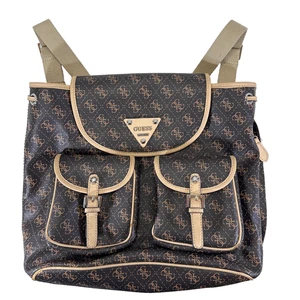 Guess Women’s Double Front Pocket Logo Large Backpack Handbag In Brown / Tan - Picture 1 of 24