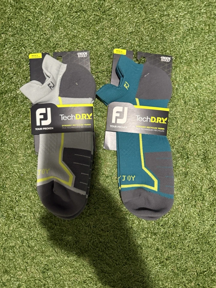 Nuevo (2) Par Footjoy Tech D.R.Y. Calcetines de golf para hombre FJ gris amarillo aguamarina Foto 1 de 1