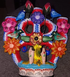 Vibrant Vintage Handcrafted Mexican Pottery Tree Of Life Candelabra 6" - Picture 1 of 5