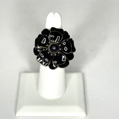 Vintage Style Flower Ring Adjustable Black Enamel Brass Tone - Image 1 of 4