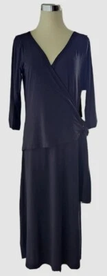 Loveappella Nordstrom Midi Faux Wrap Dress L Black V Neck Open Back 3/4 Sleeeve - Image 1 of 4