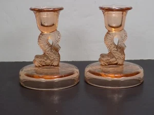 Pair Tiffin Pink Depression Glass Dolphin Koi Fish 4-1/4" Candlestick Holders ** - Picture 1 of 8