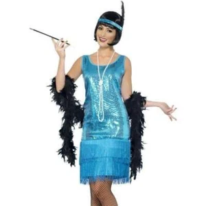 Flapper Dress 3Pc Turq Sequin & Fringe Costume Dress W/ Feather Headband & Beads - Picture 1 of 3