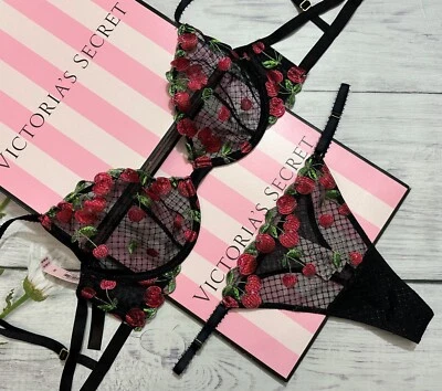 Victoria's Secret Embroidered Low-Cut Demi Bra Thong Set Black Cherries - Image 1 of 4