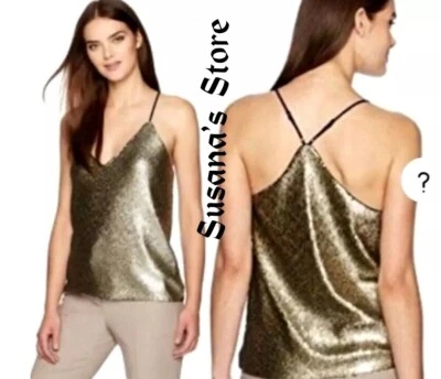NWT BCBG MAXAZRIA SIZE L NADYA GOLD SEQUIN V-NECK SPAGHETTI STRAP TANK TOP $158 - Image 1 of 4