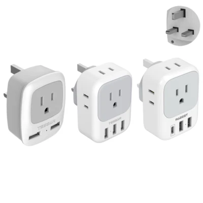 Power Plug Adapter with 4 Outlet 2/3 USB for US Travel to London British Ireland - Image 1 of 4