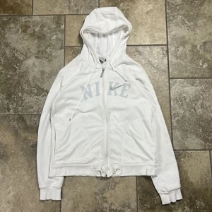 Vintage Y2K Nike Hoodie Zip Up Youth Large White Silver Distressed Baby Doll - Picture 1 of 10