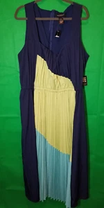 Ashley Stewart Dress Womens 22/24 Plus Blue Colorblock Pleated Maxi A Line NWT - Picture 1 of 4