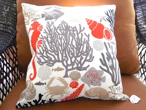 Outdoor nautical Pillow COVER zipper closure Gray Orange Tan Sea Life 22 x 22 - Picture 1 of 5